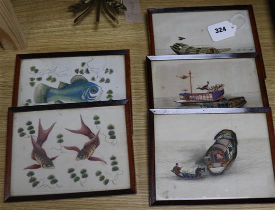 Five Chinese pith paintings, 19th century, three depicting junk boats and two fish Largest 14 x 19cm.